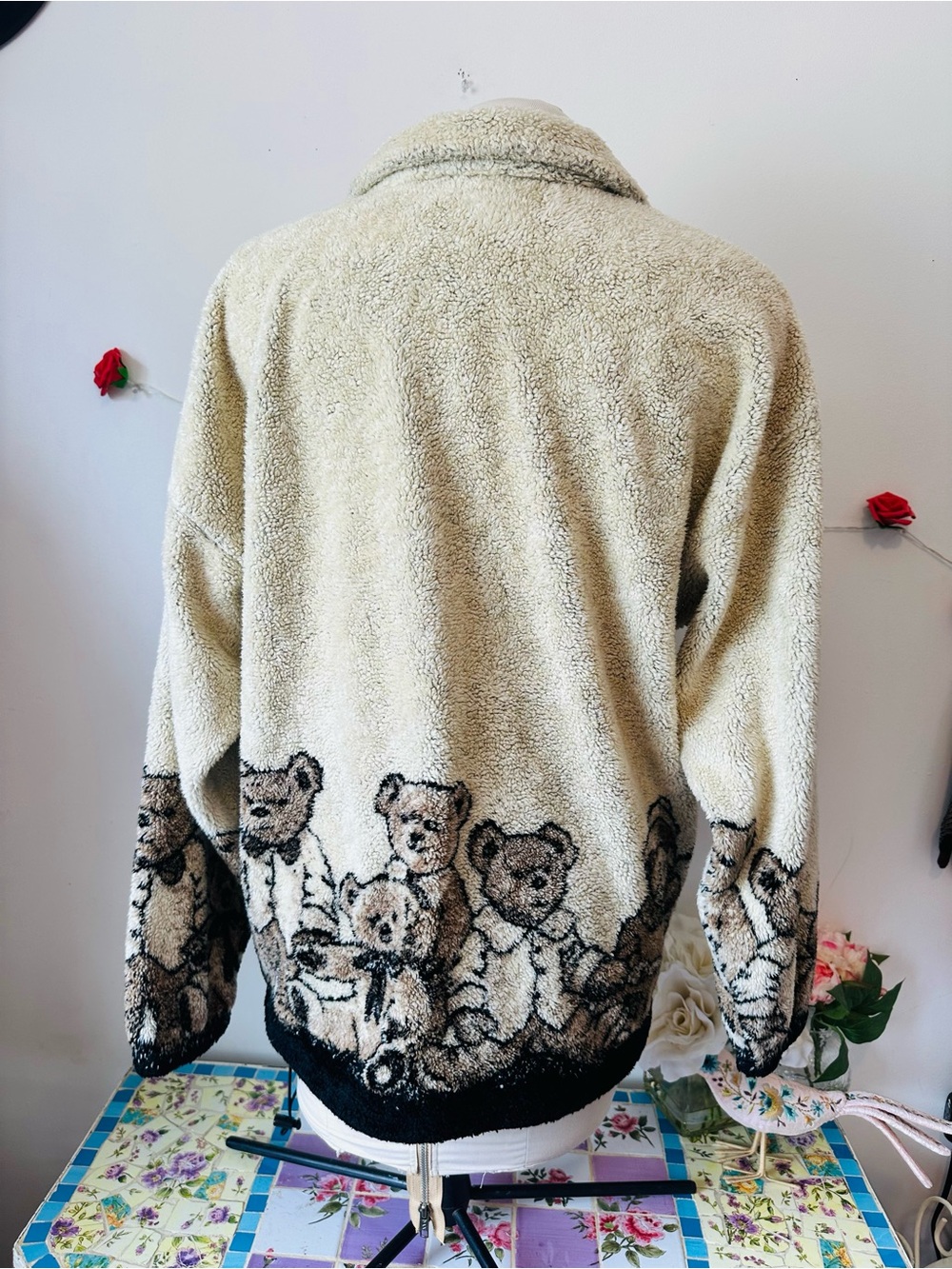 Teddy Print Sherpa Zip-Front Jacket - Cream M L XL - Picture 4 of 7